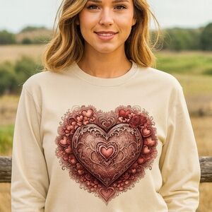 Romantic Coquette Heart Long Sleeve Tee - Beige, Lace, And Floral Detail